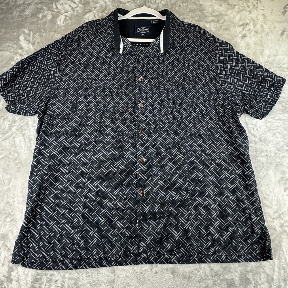 Nat Nast Short Sleeve Silk Cotton Shirt Mens XL Black White Geometric Camp(1261)